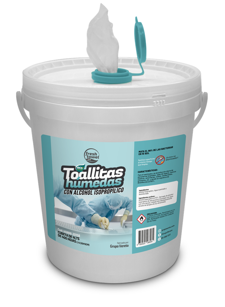Toallitas húmedas de Alcohol Isopropílico en cubeta (225 hojas)